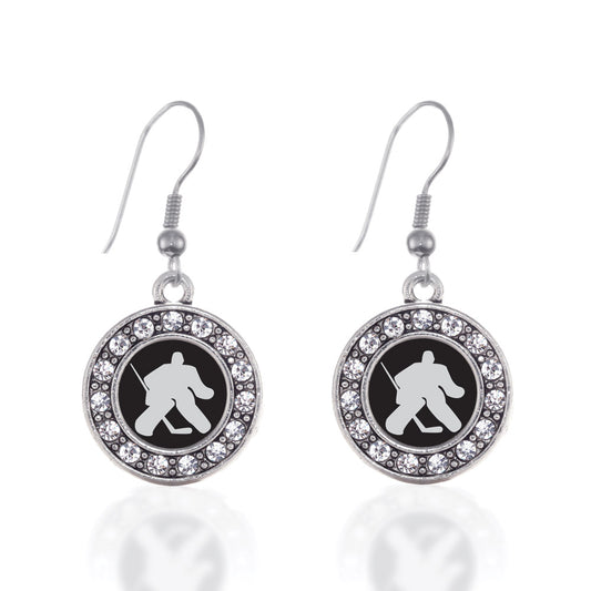 Silver Goalie Circle Charm Dangle Earrings
