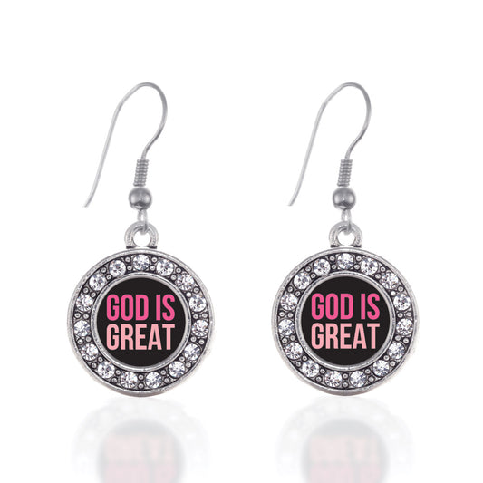 Silver God Is Great Circle Charm Dangle Earrings