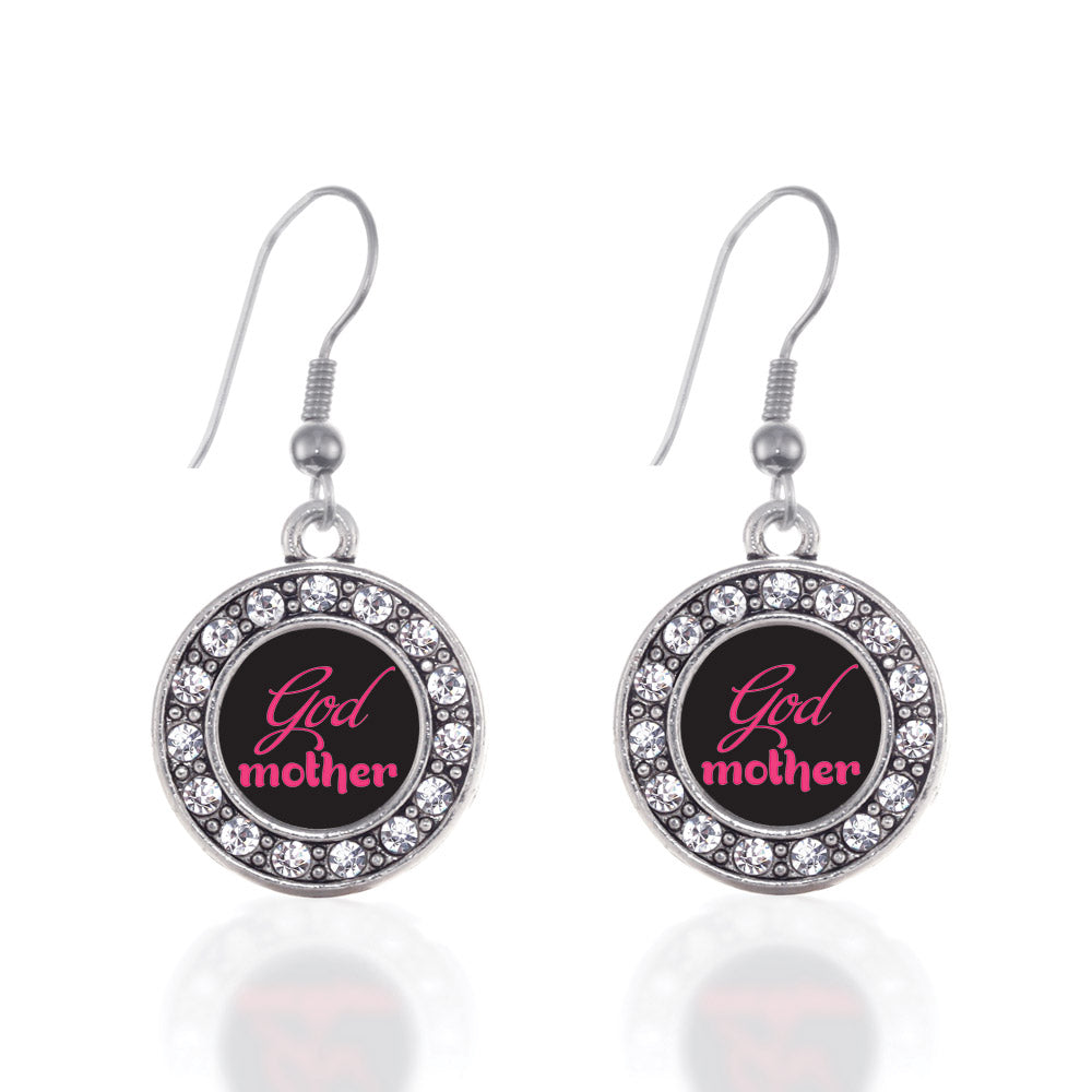 Silver Godmother Circle Charm Dangle Earrings
