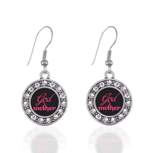 Silver Godmother Circle Charm Dangle Earrings