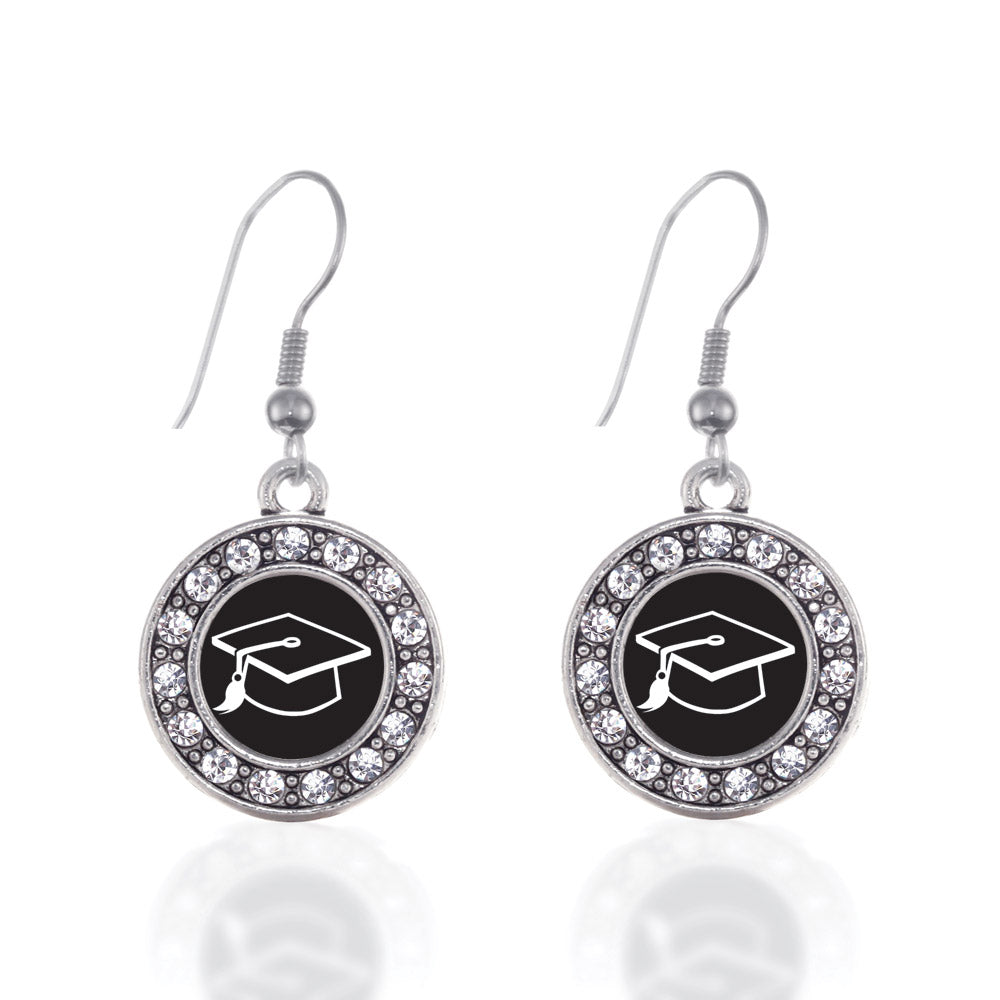 Silver Graduation Circle Charm Dangle Earrings