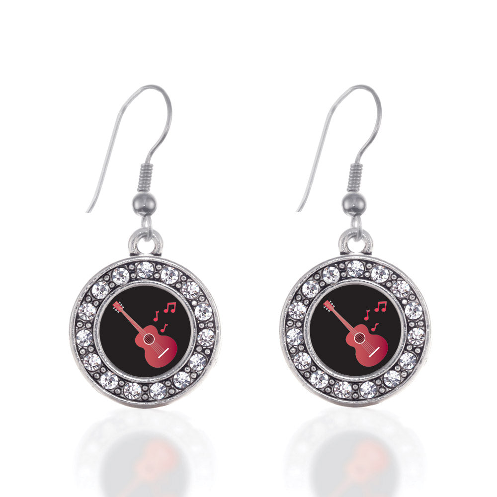 Silver Guitar Lovers Circle Charm Dangle Earrings