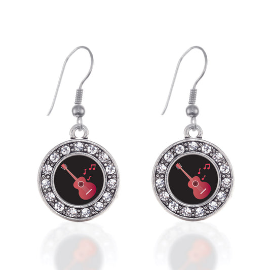 Silver Guitar Lovers Circle Charm Dangle Earrings