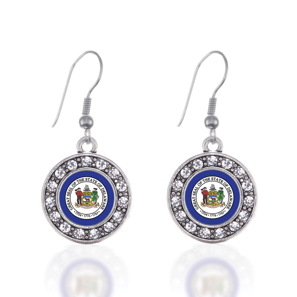Silver Delaware Flag Circle Charm Dangle Earrings