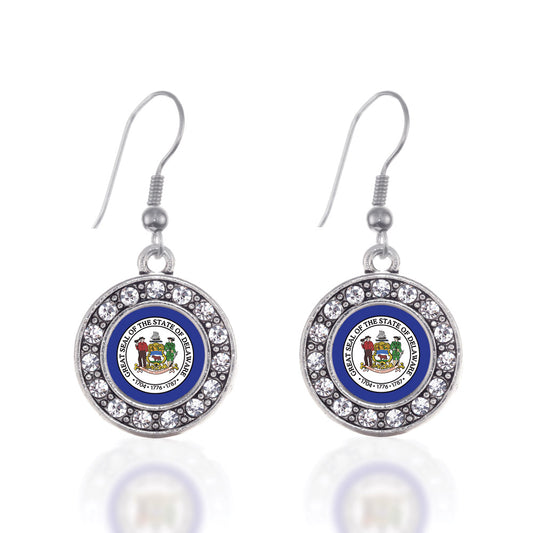 Silver Delaware Flag Circle Charm Dangle Earrings