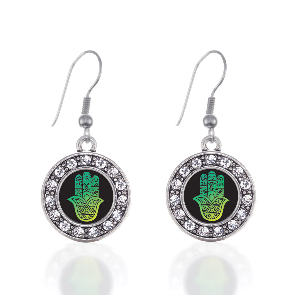 Silver Hamsa Circle Charm Dangle Earrings