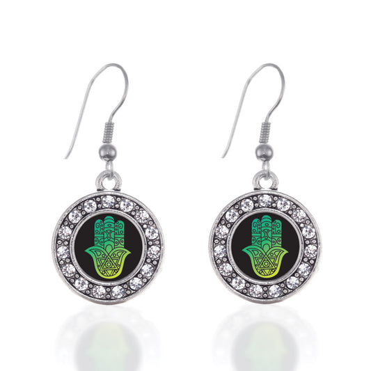 Silver Hamsa Circle Charm Dangle Earrings