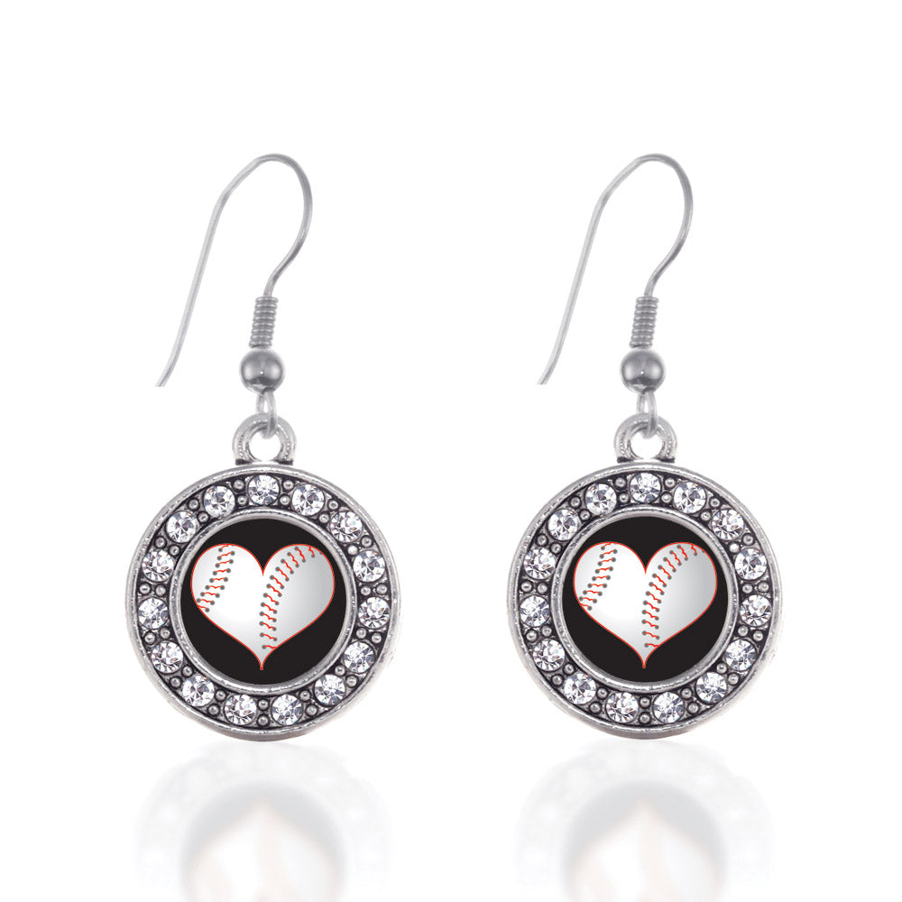 Silver Heart Of A Baseball Player Circle Charm Dangle Earrings