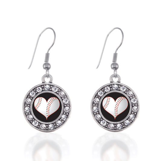 Silver Heart Of A Baseball Player Circle Charm Dangle Earrings