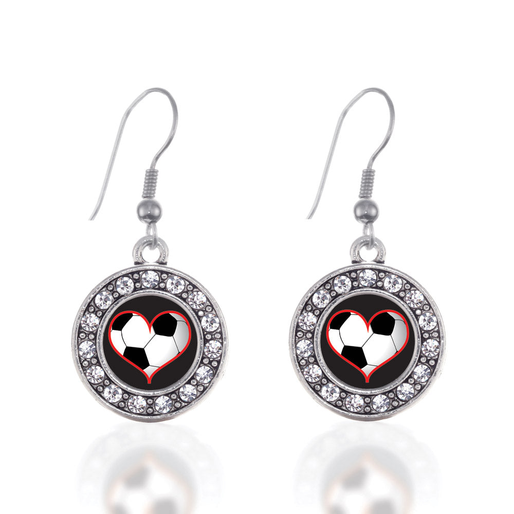 Silver Heart Of A Soccer Player Circle Charm Dangle Earrings