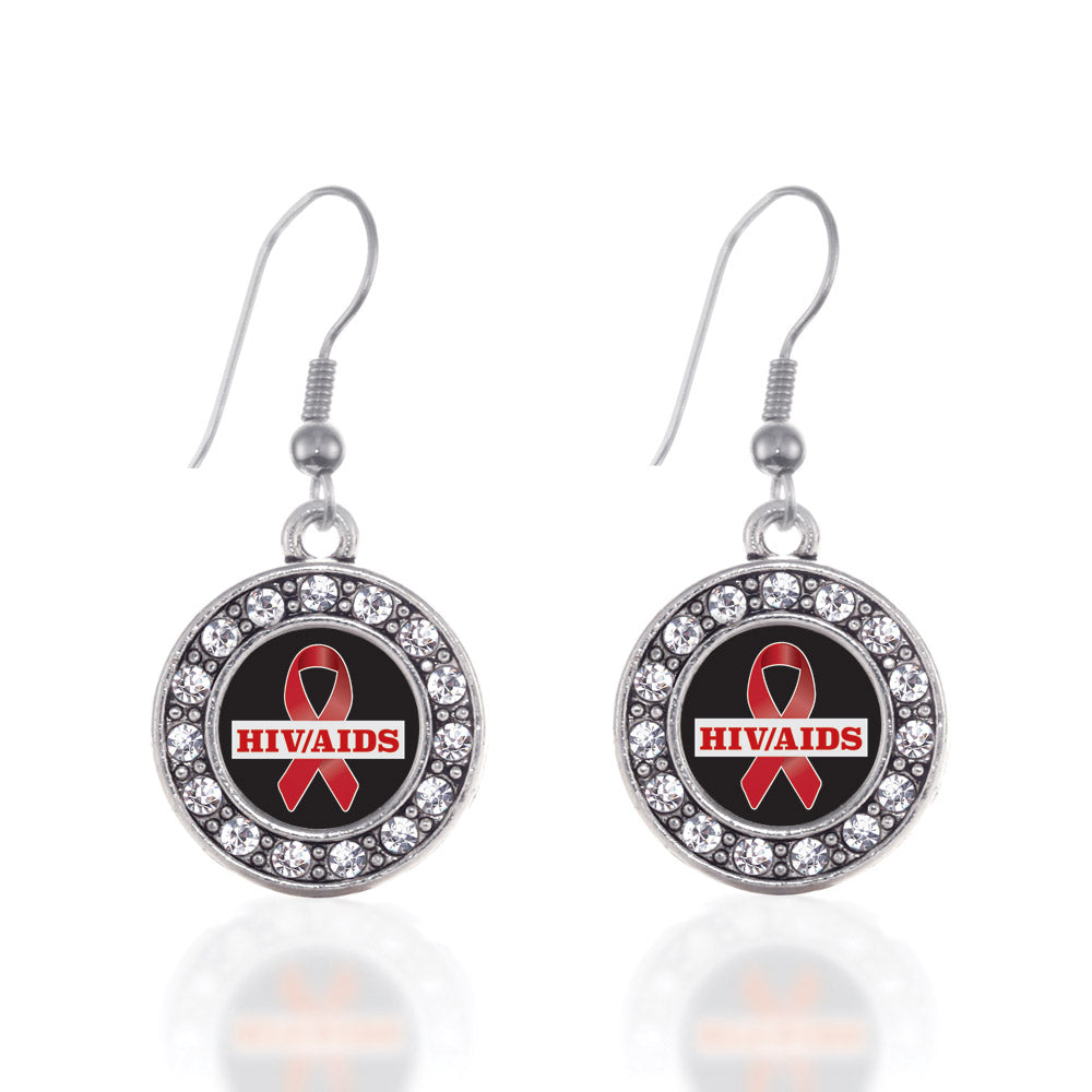 Silver HIV/AIDS Awareness Ribbon Circle Charm Dangle Earrings