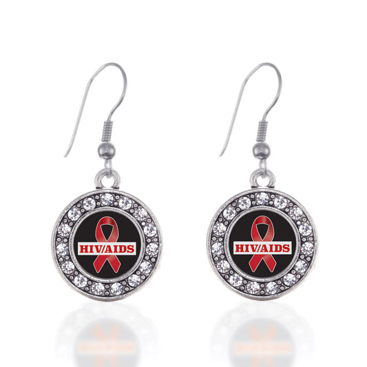 Silver HIV/AIDS Awareness Ribbon Circle Charm Dangle Earrings