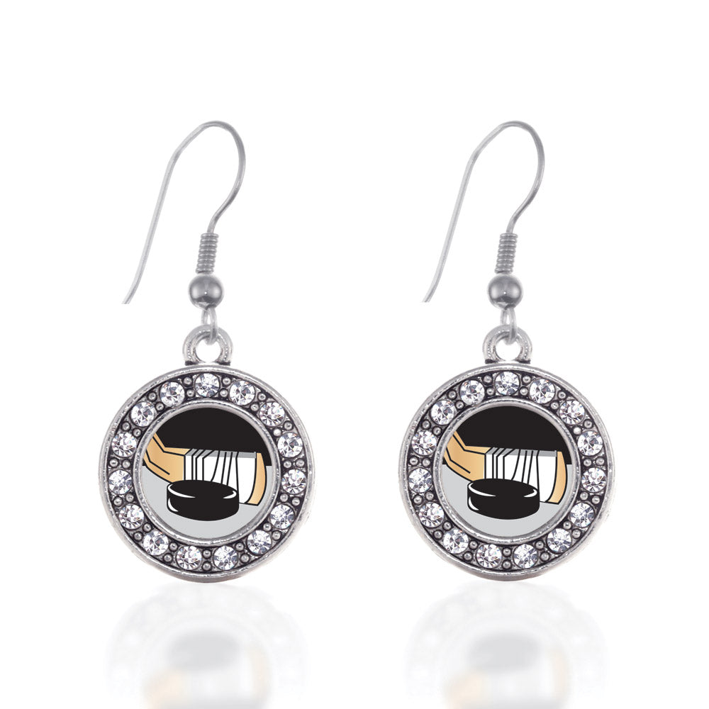Silver Hockey Circle Charm Dangle Earrings
