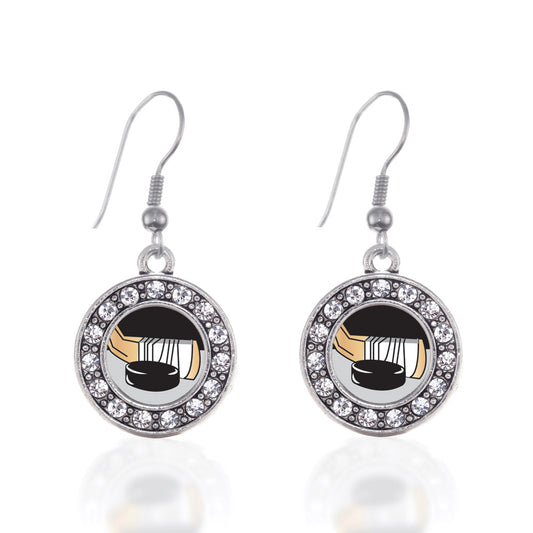 Silver Hockey Circle Charm Dangle Earrings