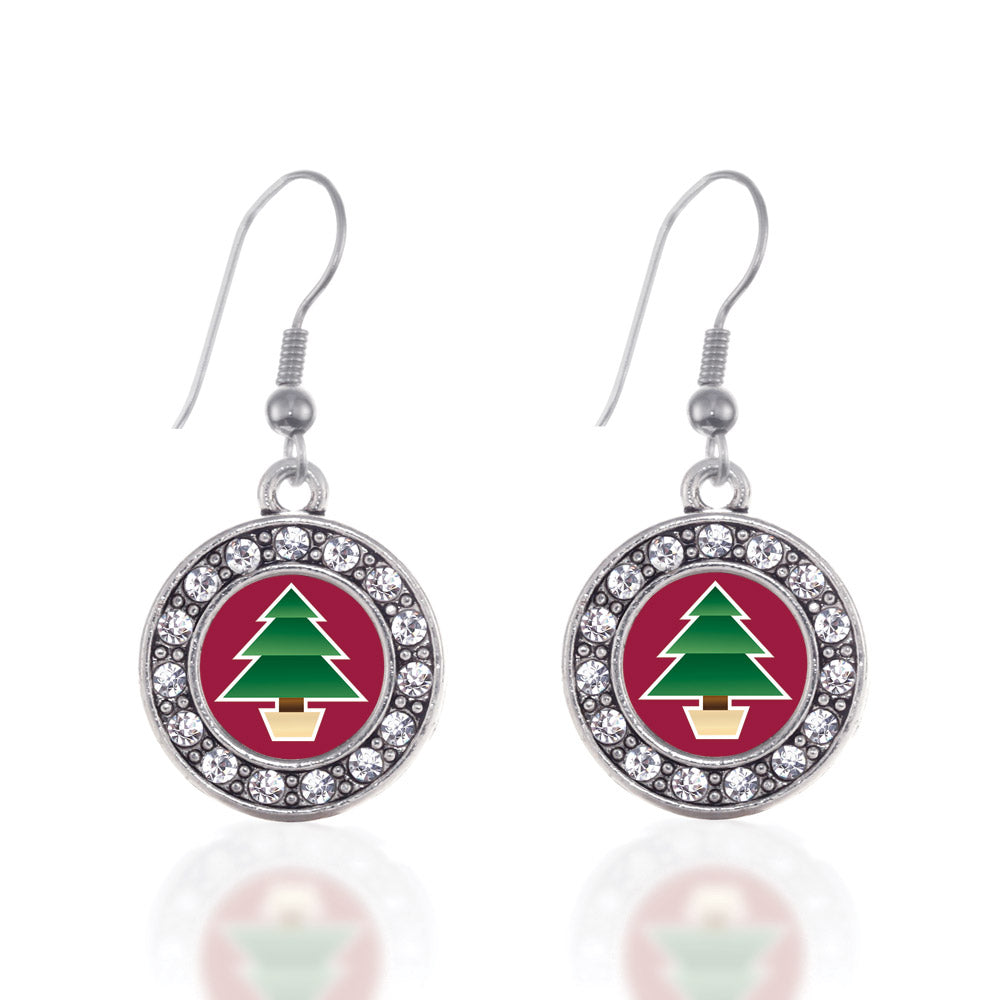 Silver Holiday Tree Circle Charm Dangle Earrings