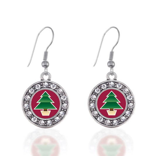 Silver Holiday Tree Circle Charm Dangle Earrings