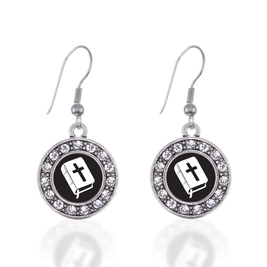 Silver Holy Bible Circle Charm Dangle Earrings