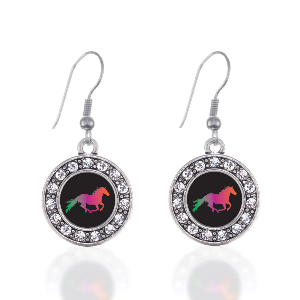 Silver Horse Lovers Circle Charm Dangle Earrings