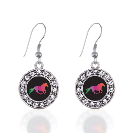 Silver Horse Lovers Circle Charm Dangle Earrings