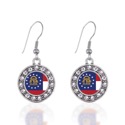 Silver Georgia Flag Circle Charm Dangle Earrings