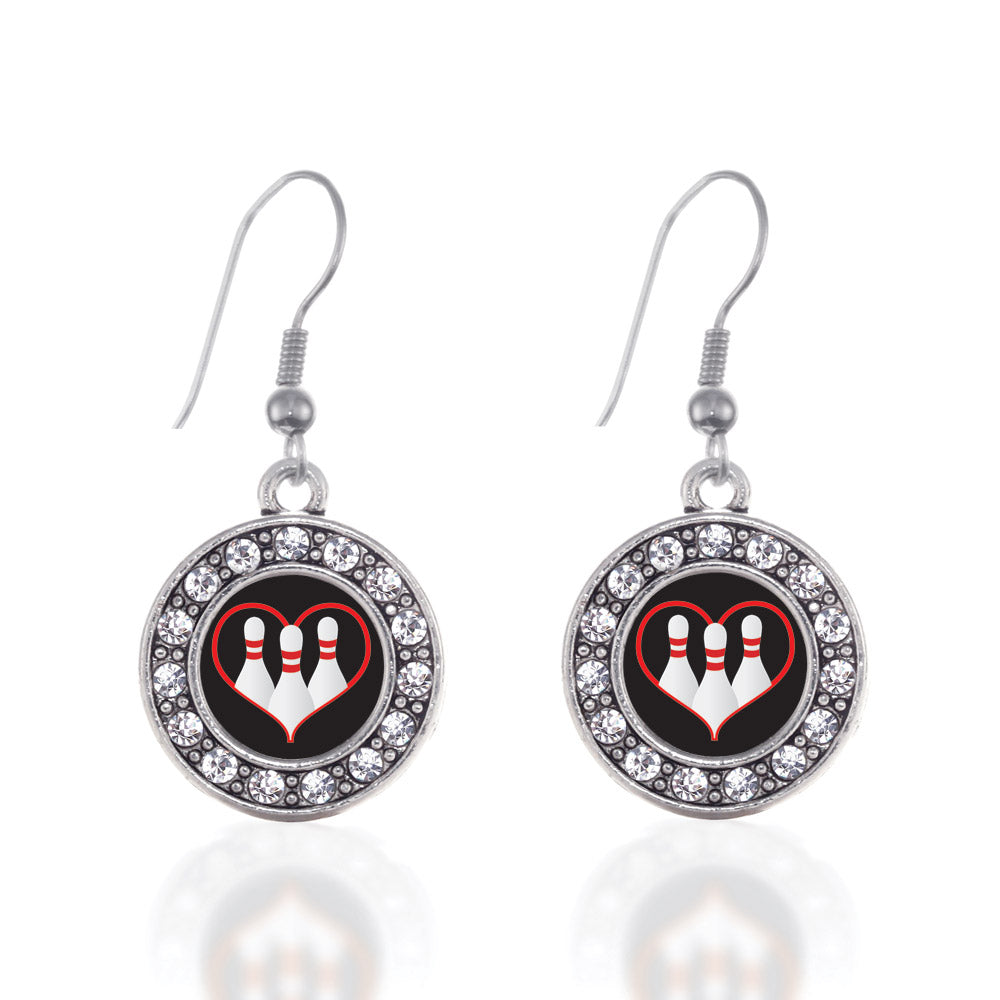 Silver I Heart Bowling Circle Charm Dangle Earrings