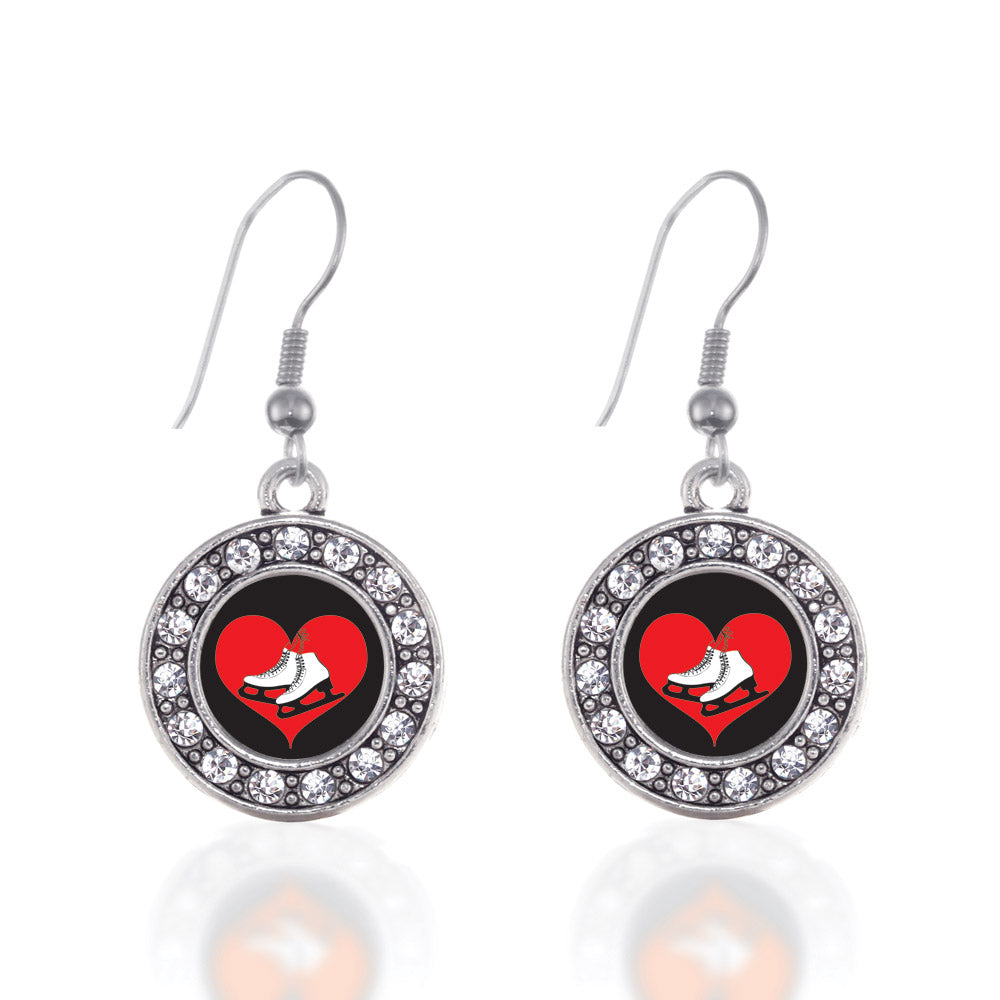 Silver I Heart Ice Skating Circle Charm Dangle Earrings
