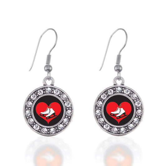 Silver I Heart Ice Skating Circle Charm Dangle Earrings