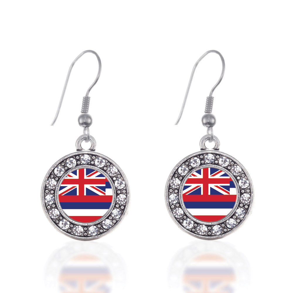 Silver Hawaii Flag Circle Charm Dangle Earrings