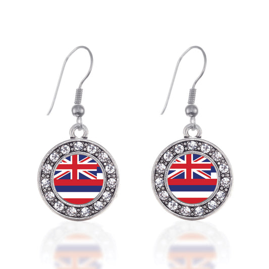 Silver Hawaii Flag Circle Charm Dangle Earrings
