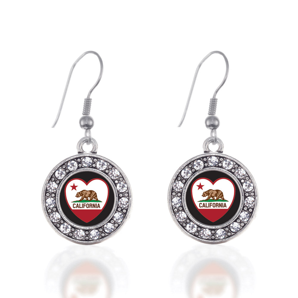 Silver California Heart Flag Circle Charm Dangle Earrings