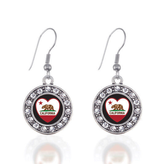 Silver California Heart Flag Circle Charm Dangle Earrings