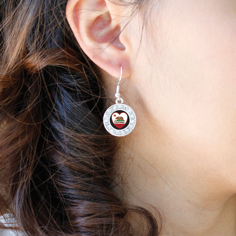 Silver California Heart Flag Circle Charm Dangle Earrings