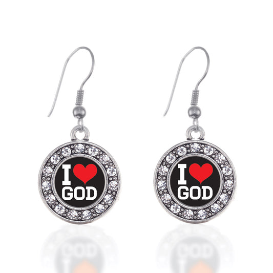 Silver I Love God Circle Charm Dangle Earrings