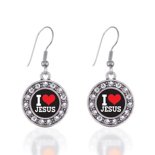 Silver I Love Jesus Circle Charm Dangle Earrings