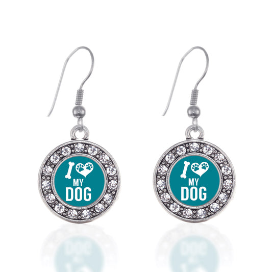 Silver I Love My Dog Circle Charm Dangle Earrings