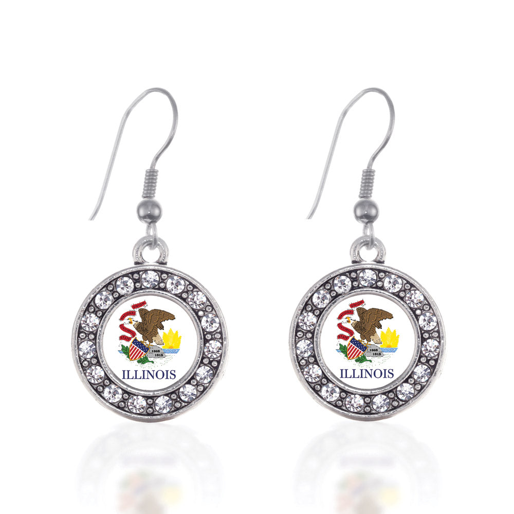 Silver Illinois Flag Circle Charm Dangle Earrings