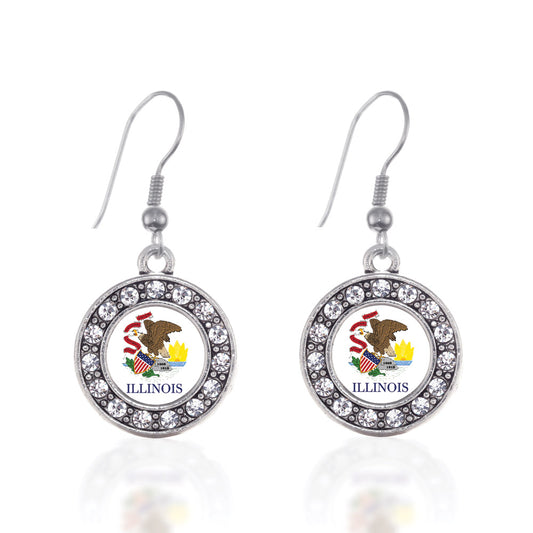 Silver Illinois Flag Circle Charm Dangle Earrings