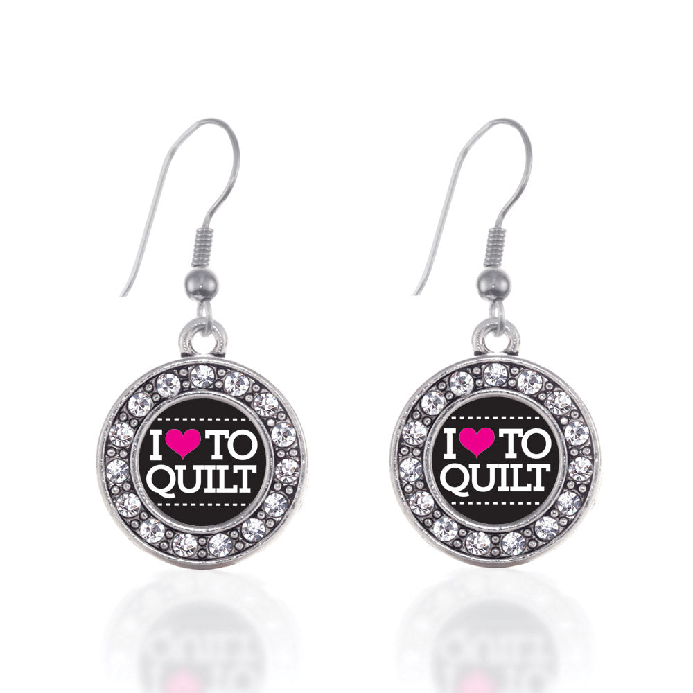Silver I Love to Quilt Circle Charm Dangle Earrings