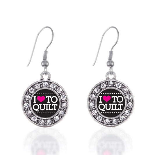 Silver I Love to Quilt Circle Charm Dangle Earrings