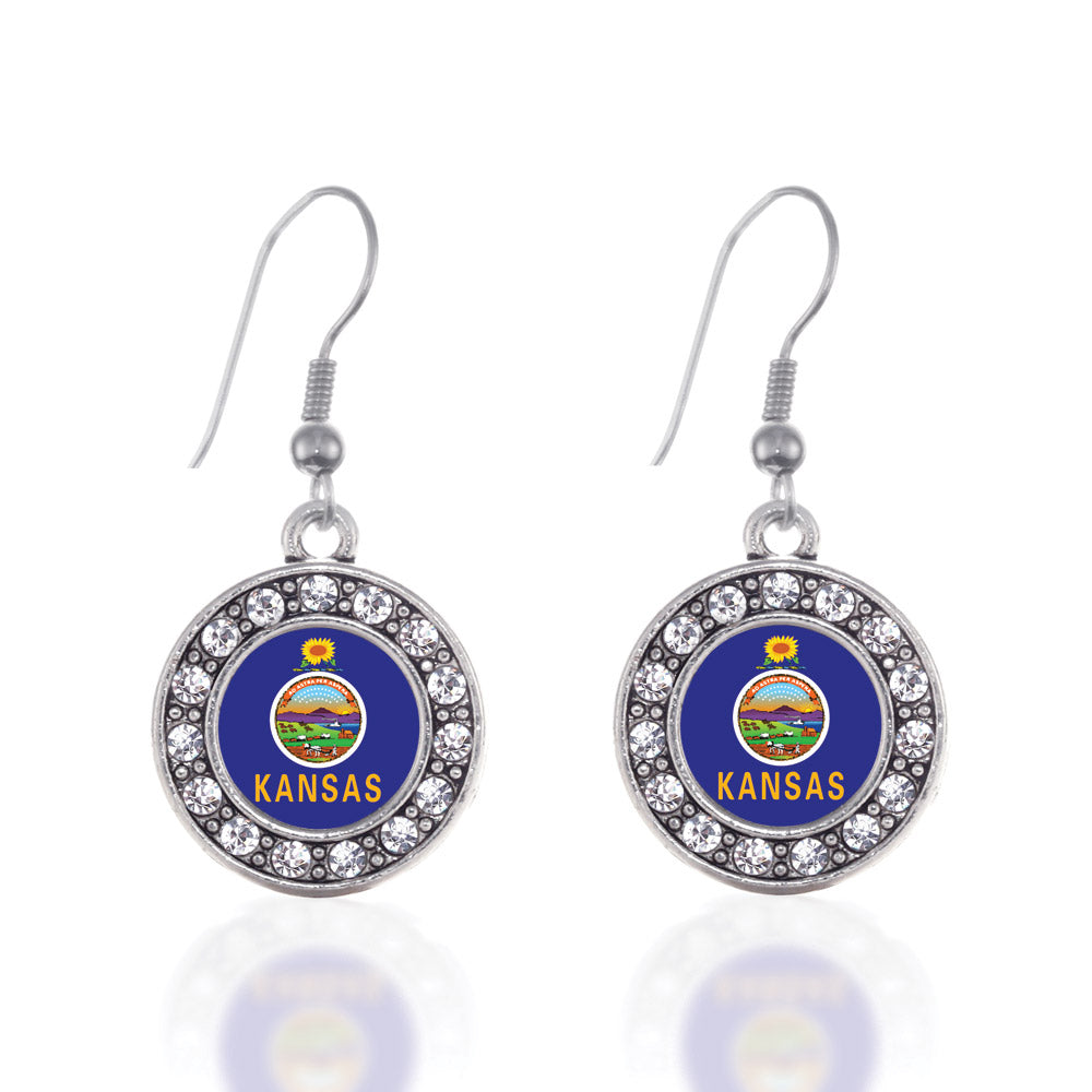 Silver Kansas Flag Circle Charm Dangle Earrings