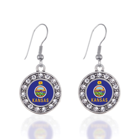 Silver Kansas Flag Circle Charm Dangle Earrings