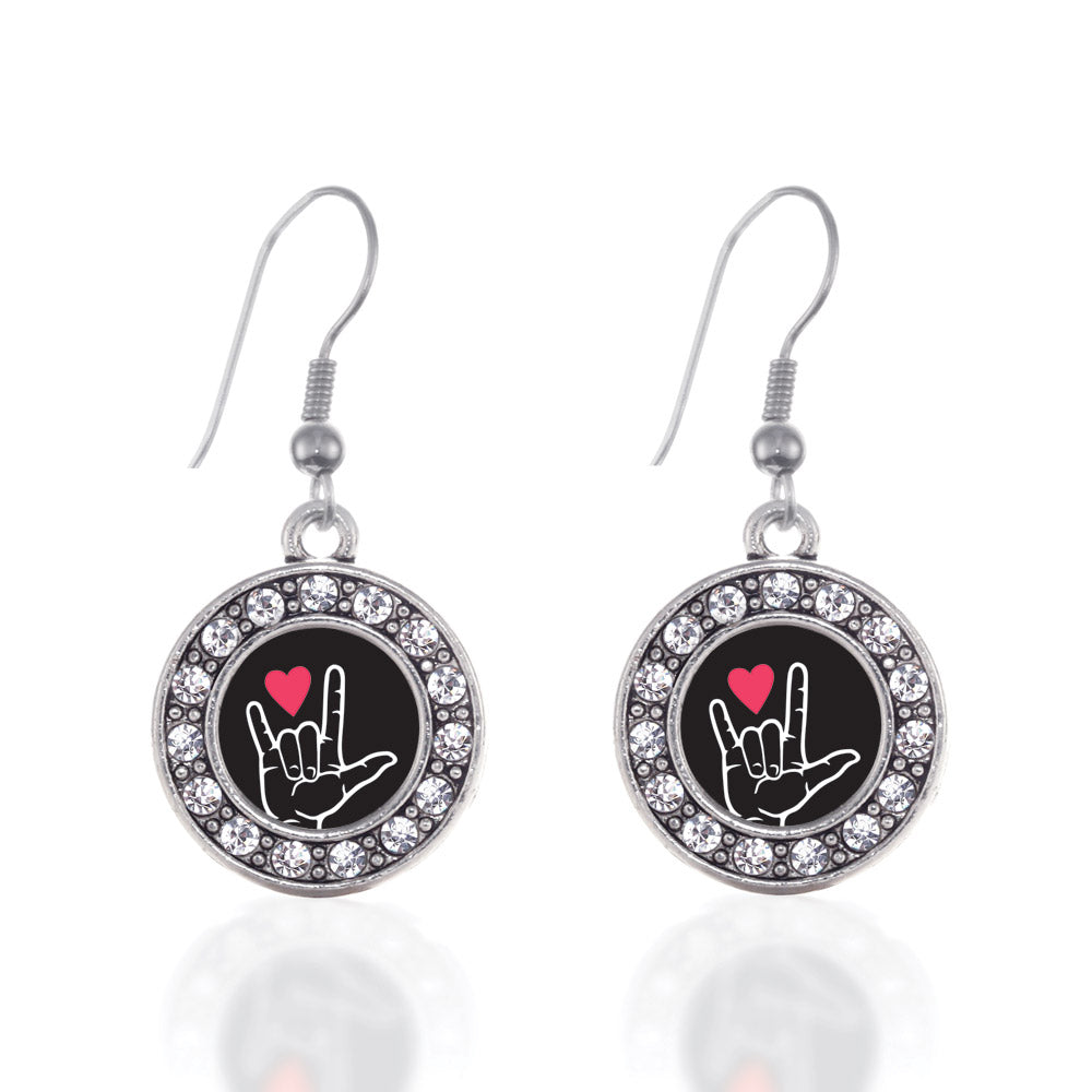 Silver I Love You Sign Language Interpreter Circle Charm Dangle Earrings