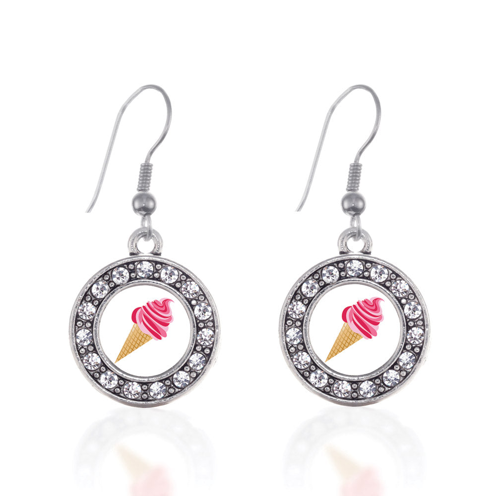 Silver Ice Cream Cone Lovers Circle Charm Dangle Earrings