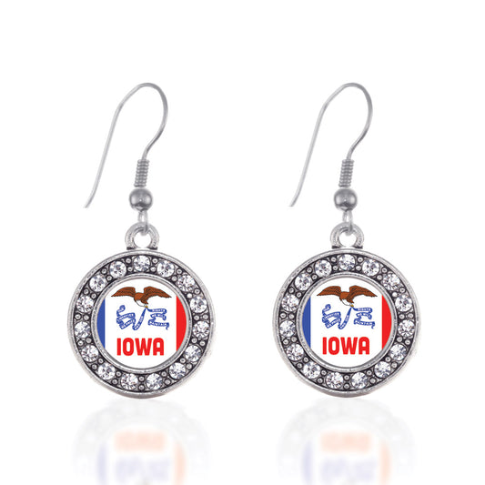 Silver Iowa Flag Circle Charm Dangle Earrings