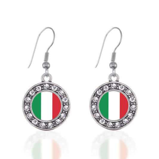 Silver Italian Flag Circle Charm Dangle Earrings