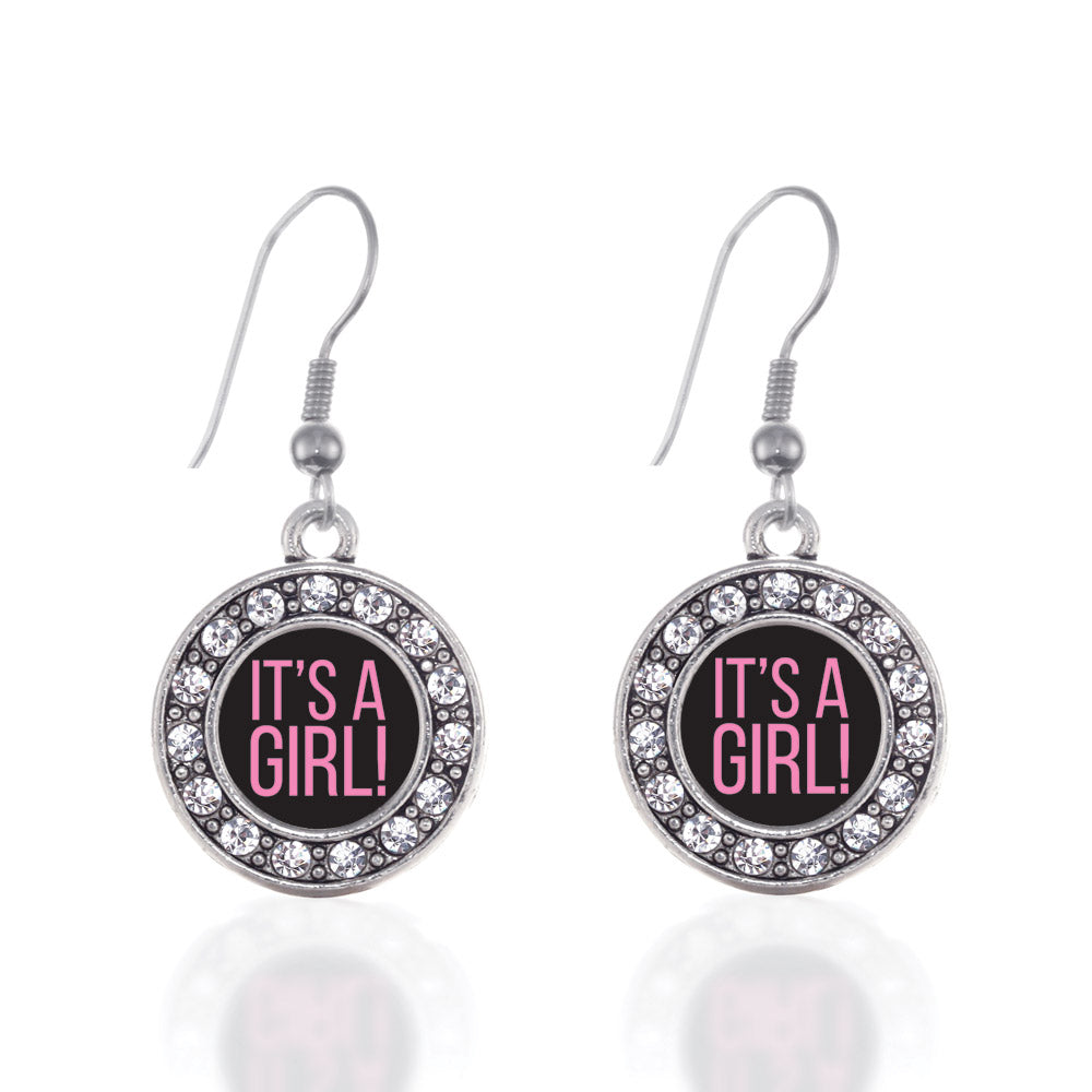 Silver It's A Girl Circle Charm Dangle Earrings