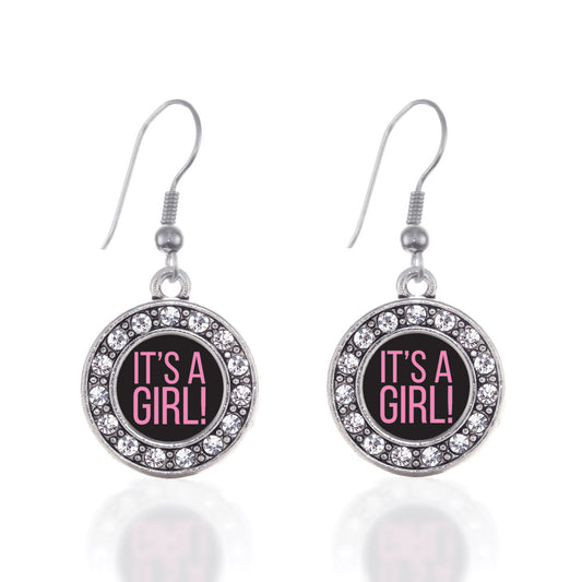 Silver It's A Girl Circle Charm Dangle Earrings