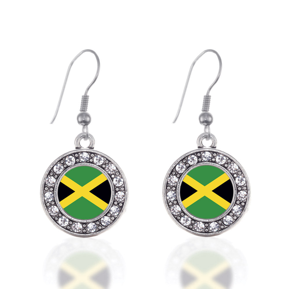 Silver Jamaican Flag Circle Charm Dangle Earrings
