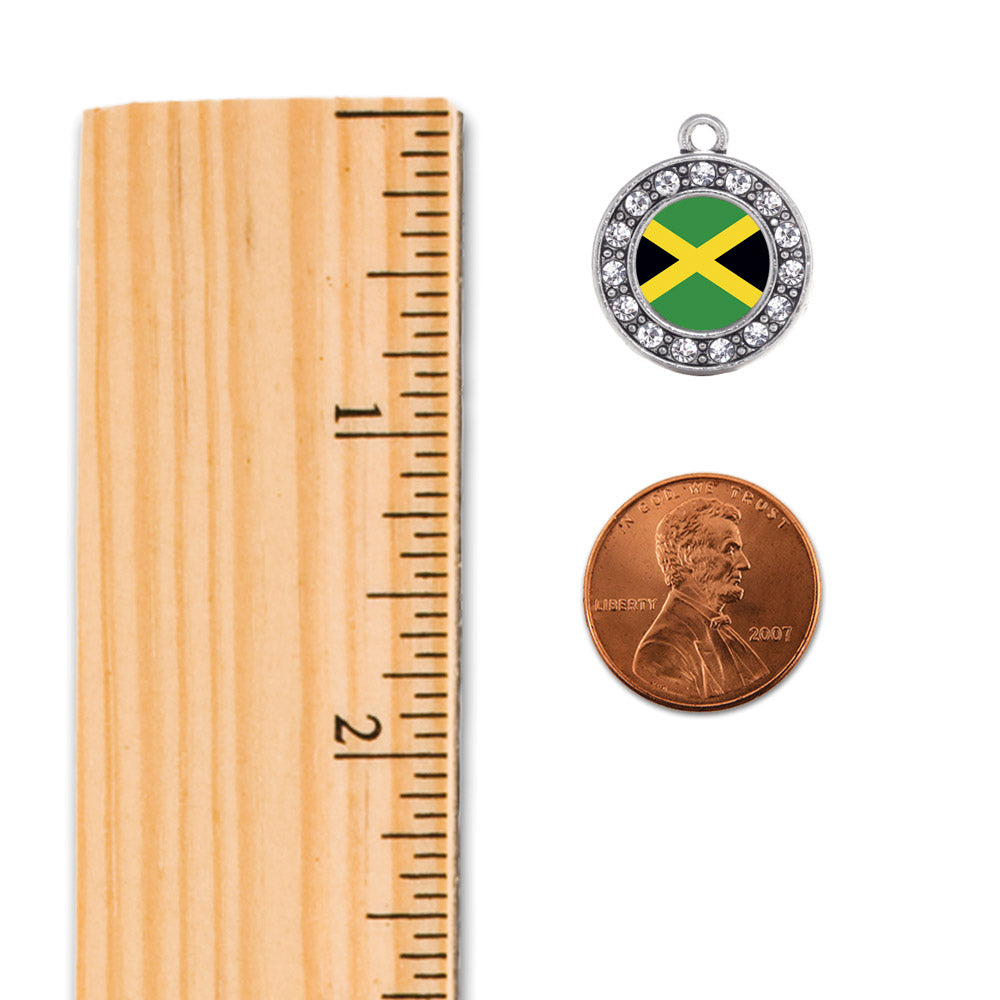 Silver Jamaican Flag Circle Charm Dangle Earrings