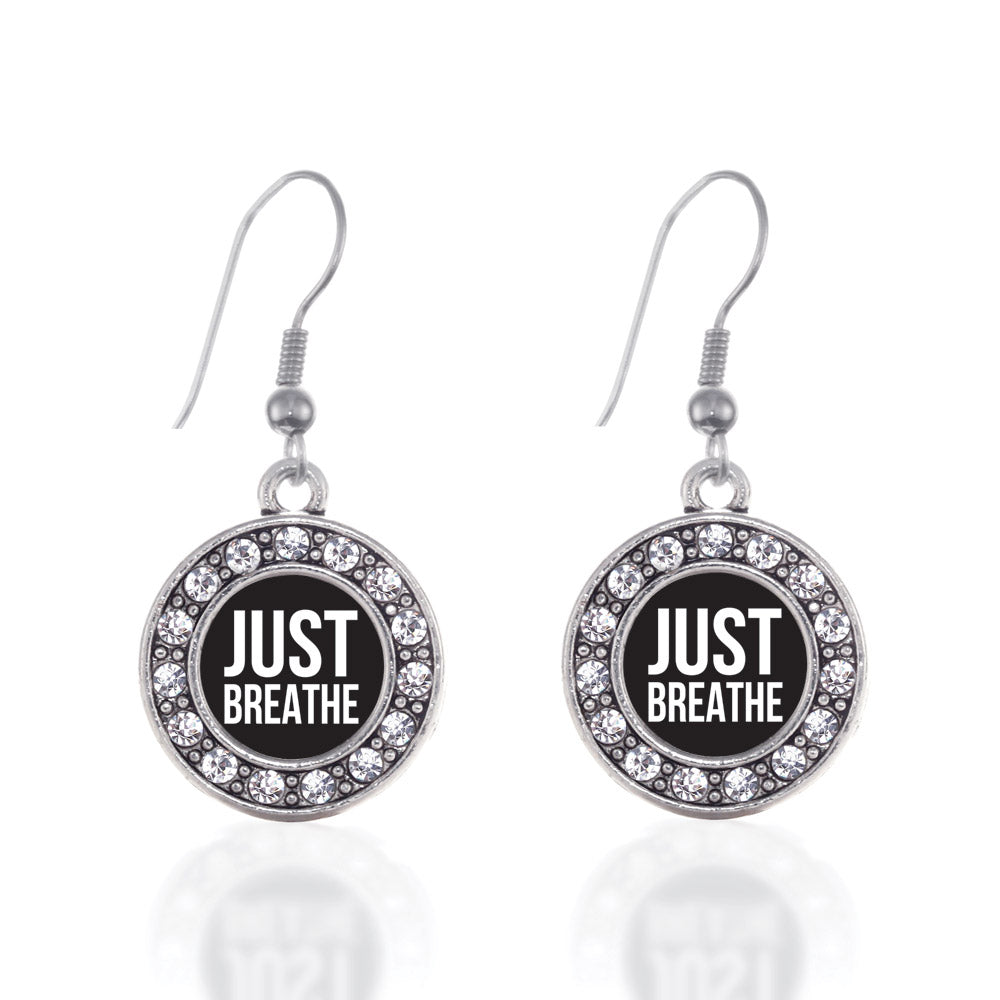 Silver Just Breathe Black Circle Charm Dangle Earrings
